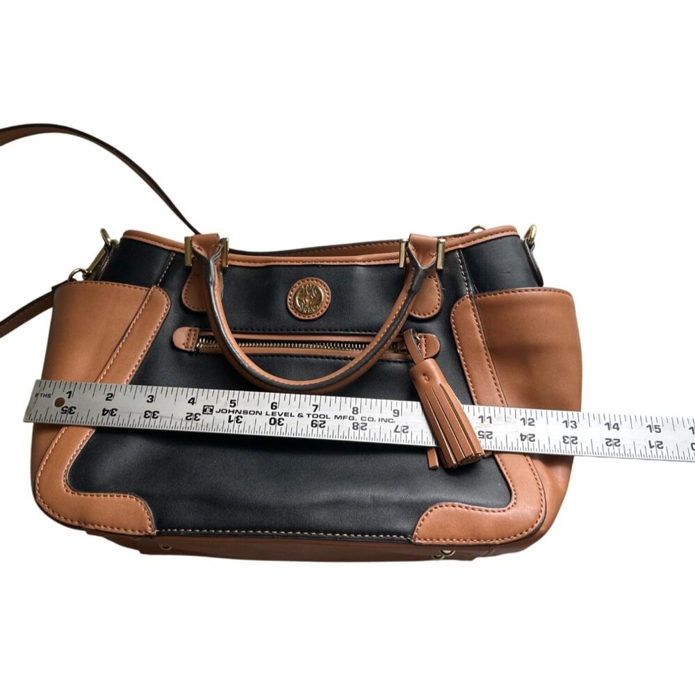 Kate Landry Black & Tan Satchel Handbag With Tassel Accent Crossbody Strap - Picture 9 of 11